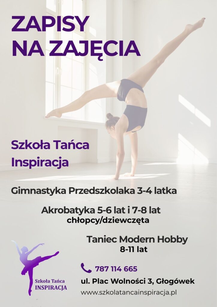 Zapisy na zajęcia, w tle tańczącą dziewczyna na jasnej sali tanecznej. Informacje na jakie są zapisy na zajęcia, dane kontaktowe